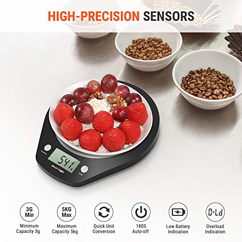 ACCUWEIGHT Báscula de Cocina Digital Balanza Alimentos Electrónica con Plataforma de Acero Inoxidable para Peso de Comida, 5 kg/11lbs