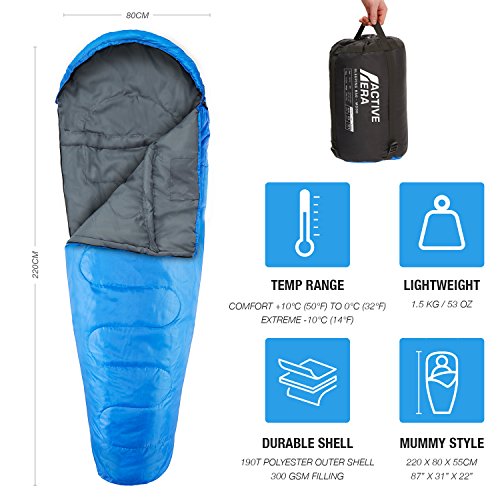 Active Era Saco de Dormir Profesional 300 Tipo Momia, 3-4 Estaciones, Ideal para Camping y Excursiones