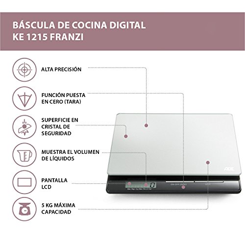 ADE Báscula digital de cocina Franzi KE1215, pantalla LCD, material-cristal de seguridad reforzado (Gris-Negro)