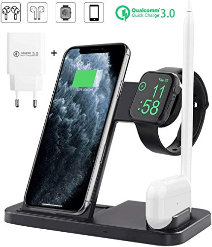 AICase Estación de Carga Inalámbrica, Base de Carga 4 en 1 para iWatch y Airpods, Cargador Inalámbrico Rápido Compatible con iPhone 11/X/XR/8/8 Plus, Samsung y Todos Los Teléfonos Qi