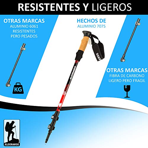 ALDORANDO Bastones de Senderismo telescopicos - Par Bastones Trekking Plegables Resistente y Ligero de Aluminio 7075- Mango De Corcho - Trail Running ultraligeros - para Caminar, Montaña