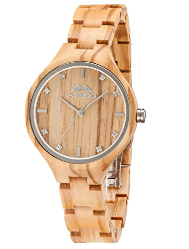 Amexi Reloj de madera para mujer, hecho a mano mujeres relojes de madera para señoras con banda ajustable de Minium, liviano y cómodo