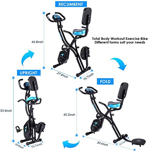 Ancheer Bicicleta Estática Plegable Bicicleta de Ejercicio 10 Niveles de Resistencia Magnética, con App, Soporte para Tableta Capacidad de Peso:120kg (Negro (Respaldo+Giro de Cintura))