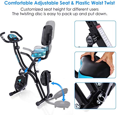 Ancheer Bicicleta Estática Plegable Bicicleta de Ejercicio 10 Niveles de Resistencia Magnética, con App, Soporte para Tableta Capacidad de Peso:120kg (Negro (Respaldo+Giro de Cintura))