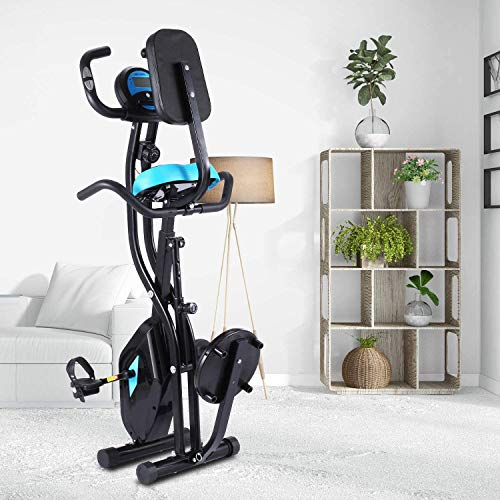 Ancheer Bicicleta Estática Plegable Bicicleta de Ejercicio 10 Niveles de Resistencia Magnética, con App, Soporte para Tableta Capacidad de Peso:120kg (Negro (Respaldo+Giro de Cintura))