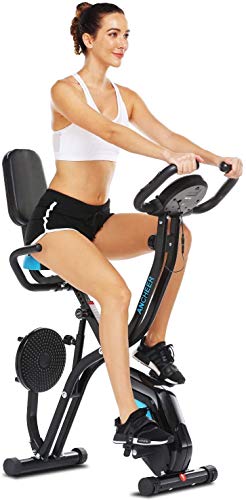 Ancheer Bicicleta Estática Plegable Bicicleta de Ejercicio 10 Niveles de Resistencia Magnética, con App, Soporte para Tableta Capacidad de Peso:120kg (Negro (Respaldo+Giro de Cintura))