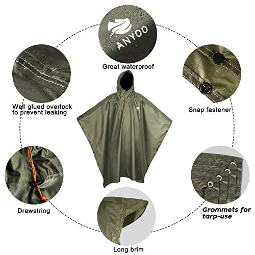 Anyoo Poncho de Lluvia Reusable de Ripstop transpirante Ligero a Prueba de Agua Multiuso Impermeable con Capucha de Lona de Tienda de Campaña Ideal para el Aire Libre Campamento Excursionismo y Pesca