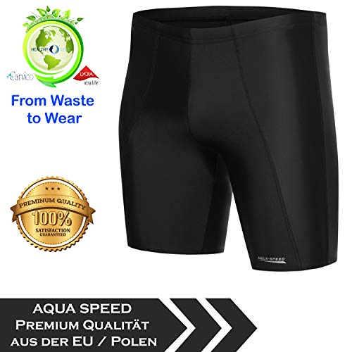 Aqua Speed Long Troncos de natación Largo de Hombre | Ajuste Jammer | Protección UV | Resistente al Cloro | Dimensionalmente Estable | Eficaz contra la Fatiga Muscular, Tamaño:XL, Color:Black