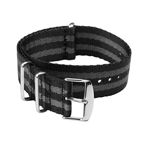 Archer Watch Straps | Correas NATO de Nylon Cinturón de Seguridad | Correa de Reloj Diseño Militar | Negro y Gris (James Bond)/Piezas Metálicas Color Acero, 22mm