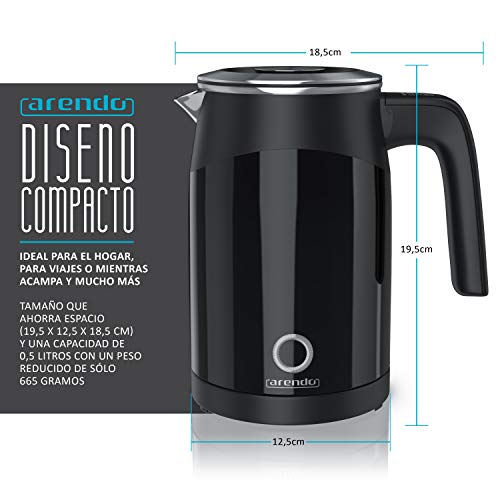 arendo Hervidor de Agua Single - Hervidor de Agua para Viajes - Minihervidor de Agua - Capacidad para 0,5 l de Agua - 5 temperaturas - Pared Doble - Muy práctico y Compacto