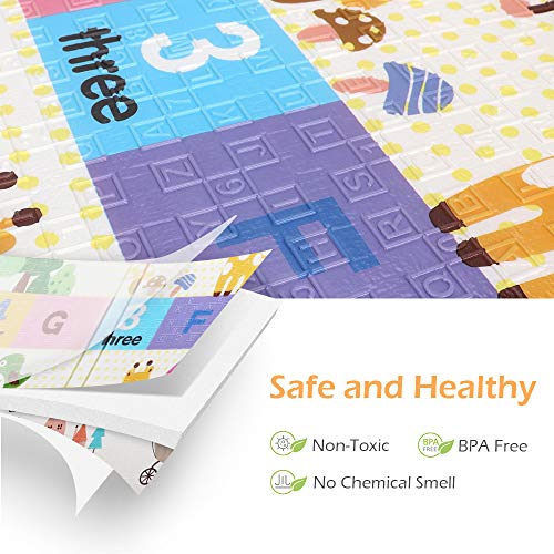 Bammax Alfombra de Juegos para Bebé Plegable, Colchoneta Infantil de Números y Dibujos Animados, Suelo Bebe de XPE, Crawl Mat de Doble Cara, Playmat Impermeable, 177 x 197 cm,Grueso (1.5cm), No Tóxico