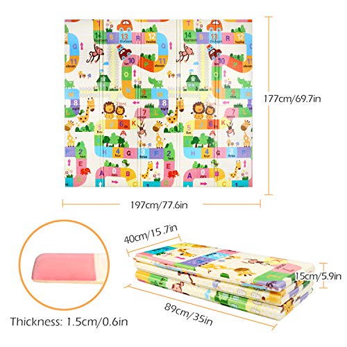 Bammax Alfombra de Juegos para Bebé Plegable, Colchoneta Infantil de Números y Dibujos Animados, Suelo Bebe de XPE, Crawl Mat de Doble Cara, Playmat Impermeable, 177 x 197 cm,Grueso (1.5cm), No Tóxico