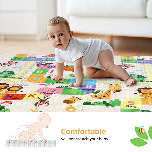 Bammax Alfombra de Juegos para Bebé Plegable, Colchoneta Infantil de Números y Dibujos Animados, Suelo Bebe de XPE, Crawl Mat de Doble Cara, Playmat Impermeable, 177 x 197 cm,Grueso (1.5cm), No Tóxico