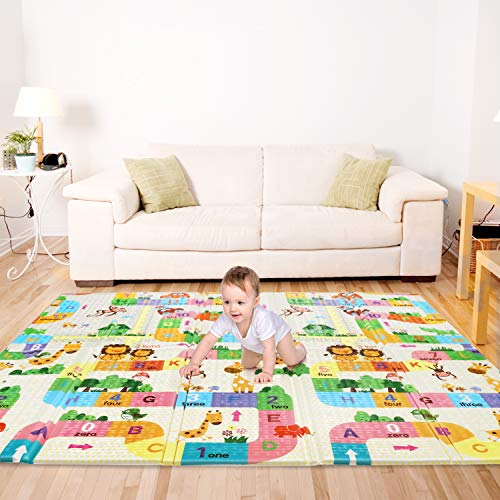 Bammax Alfombra de Juegos para Bebé Plegable, Colchoneta Infantil de Números y Dibujos Animados, Suelo Bebe de XPE, Crawl Mat de Doble Cara, Playmat Impermeable, 177 x 197 cm,Grueso (1.5cm), No Tóxico