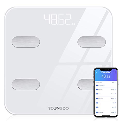 Báscula Grasa Corporal, YOUNGDO Báscula de Baño Bluetooth hasta 180 kg con 19 Datos del Cuerpo para 8 Usuarios (Peso, Grasa, Músculo, Agua, etc.) Blanco