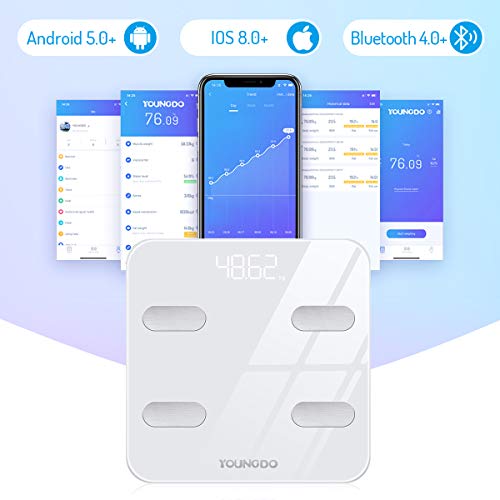 Báscula Grasa Corporal, YOUNGDO Báscula de Baño Bluetooth hasta 180 kg con 19 Datos del Cuerpo para 8 Usuarios (Peso, Grasa, Músculo, Agua, etc.) Blanco