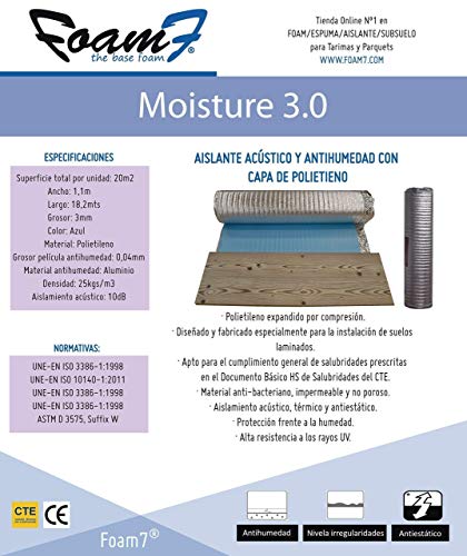 Base Aislante MOISTURE 3.0 de 3mm. Rollo: 20m2. Mejor Aislante ecónomico acústico para Tarimas y Parquet; Subsuelo con Protección Metalizada. Cubre Humedades e irregularidades. PE Ecológico