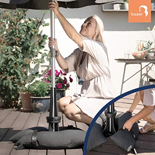 Baser Soporte para sombrilla con Sacos de Arena rellenables 30kg / 40kg / 50kg | Alternativa al Soporte de sombrilla de Granito con Ruedas | Recargable y con asa de Transporte (30kg, Marrón Oscuro)