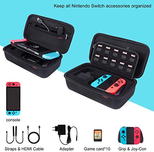 Bestico Funda para Nintendo Switch – Funda de viaje para Nintendo Switch con espacio para guardar 10 cartuchos de juegos para la consola, Adaptador de CA, cable HDMI, mando Joy-Con y correa Joy-Con