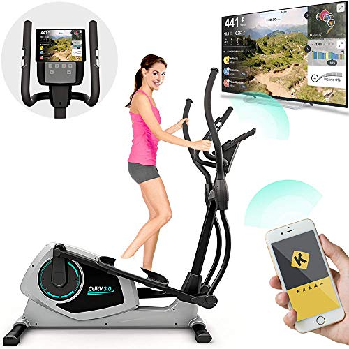 Bicicleta Eliptica Bluefin Fitness CURV 3.0 Elliptical Cross Trainer / Air Walker / Zancada larga / Consola de Fitness Digital LCD / Bluetooth / Aplicación para Smartphone / Negro y Plata