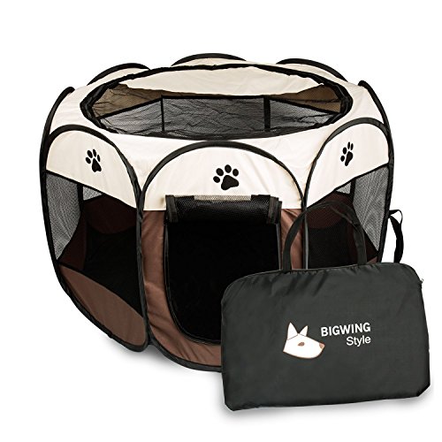 BIGWING Style Parque Mascota de Juego Entrenamiento Dormitorio Perro Gato Conejo Octágono Plegable Lavable Durable 73x 73x 43 CM, Blanco y Café