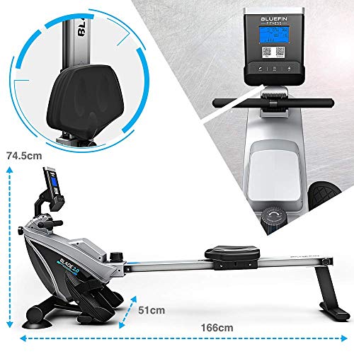 Bluefin Fitness como remar en un Lago sin Salir de casa. La Máquina de Remo Plegable te da 8 Niveles de Resistencia magnética Regulable, transmisión Suave, Pantalla LCD, aplicación para Smartphone.