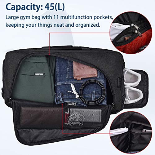 Bolsa de Deporte Hombre Bolsas Gimnasio Mujer de Grande Viaje Impermeable con Compartimento para Zapatos Bolsos Deportivos Bolsa Fin de Semana Travel Duffle Bag para Hombres 45l Negra