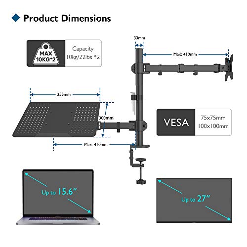 BONTEC Brazo de Monitor Bandeja para Computadora Portátil, Soporte para portátil Monitor de Brazo de Escritorio Soporte Totalmente Ajustable 13"-27", 2 Opciones de Montaje