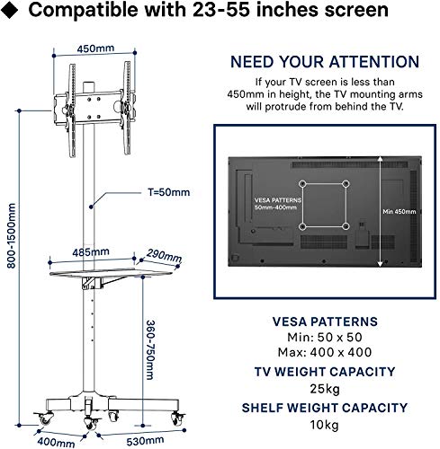 BONTEC Portátil TV Soporte de Suelo para Pantalla Plana Móvil Carro de exhibición Trole 23”-55" Plasma/LCD/LED