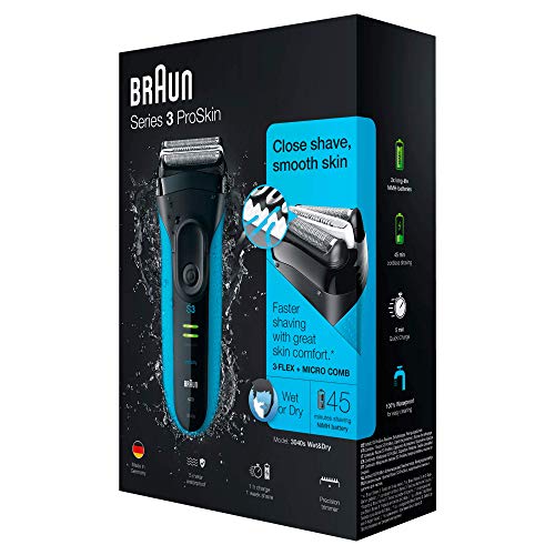 Braun Series 3 ProSkin 3040 s - Afeitadora Eléctrica Hombre, para Barba, Inalámbrica, Recargable, Wet&Dry (Seco y Mojado), Recortadora Extraíble, Azul