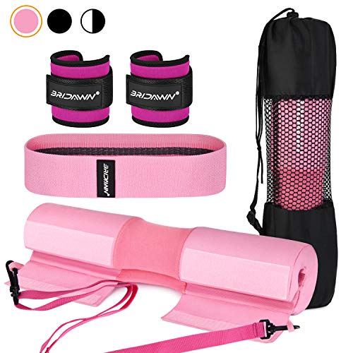 bridawn Barbell Squat Pad Conjunto Barra Sentadillas para Squats Hip Thrust Viene con 2 Correas de Tobillo de Banda de Resistencia de la Cadera Bolsa de Almacenamiento Se Adapta a la Barra Olímpica