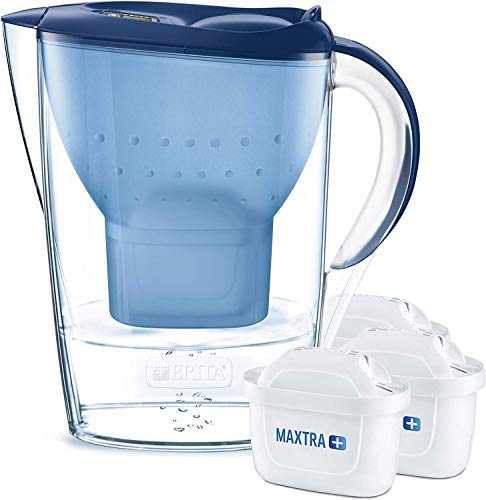 BRITA Marella – Jarra de Agua Filtrada con 3 cartuchos MAXTRA+ – Filtro de agua BRITA que reduce la cal y el cloro – Agua filtrada para un sabor excelente – Filtro de agua color azul