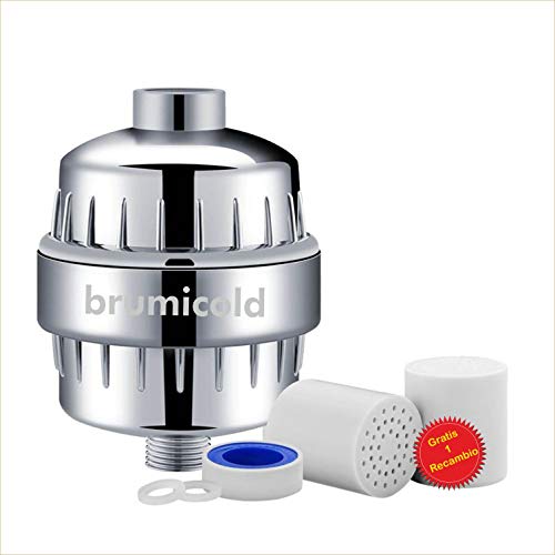 BRUMICOLD SPAIN Filtro ducha F-01 15 etapas reduce el cloro, ablanda el agua, elimina metales pesados, irritantes perjudiciales para la piel y ojos y un recambio gratis, ideal para pieles atopicas