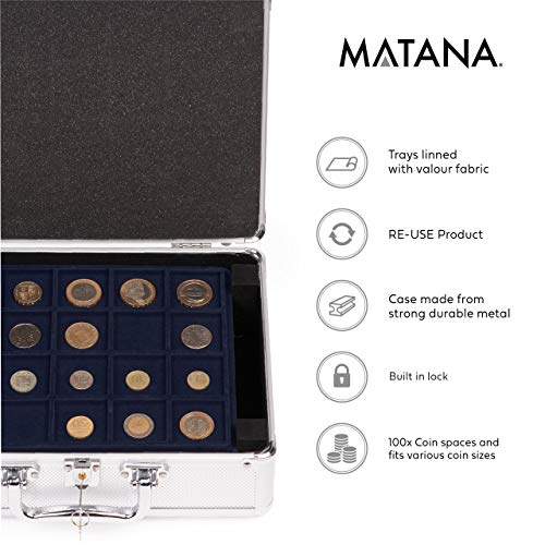 Caja Maletín de Aluminio para Coleccionistas de Monedas con 6 Bandejas - Almacenamiento de Colección de Monedas - Para Todo Tipo de Monedas, con Cerradura y Llaves - Robusto y Confiable.