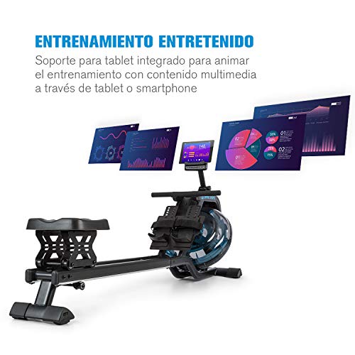 Capital Sports Flow M2 Máquina de Remo de Agua - Banco de Remo, 80 cm de Largo, 6 Niveles / máx. 14 litros, Ordenador con Pantalla LCD, Soporte para tabletas, Aluminio y Acero, Negro/Plateado