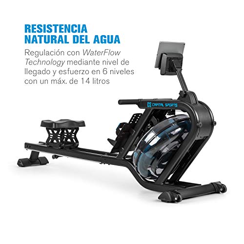 Capital Sports Flow M2 Máquina de Remo de Agua - Banco de Remo, 80 cm de Largo, 6 Niveles / máx. 14 litros, Ordenador con Pantalla LCD, Soporte para tabletas, Aluminio y Acero, Negro/Plateado