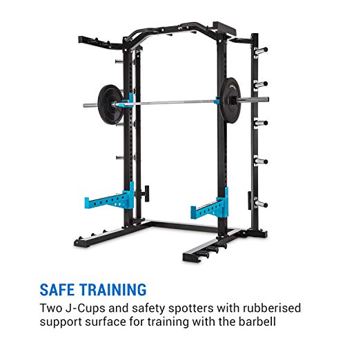 CapitalSports Amazor Basic - Jaula de musculación Multifuncional, hasta 500 Kg, J-Cups para 350 kg, Barra de dominadas para 150 Kg, Ajustable, Acero Revestido en Polvo, Viga de 60 x 60 x 2 mm, Negro