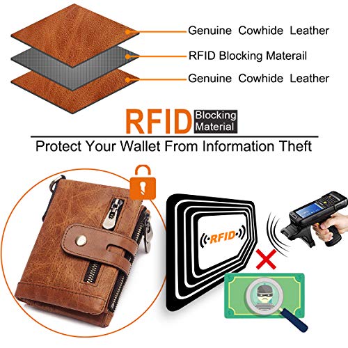 Cartera Hombre Monedero de Cuero con RFID Bloqueo Billetera Piel Hombre y Monedero con Cremallera, Billeteras Bifold Hombres 16 Ranuras para Tarjetas Carteras para Hombre con Cadena (Marrón Claro)