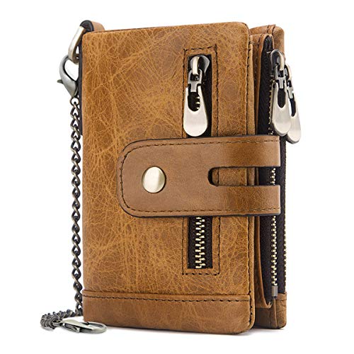 Cartera Hombre Monedero de Cuero con RFID Bloqueo Billetera Piel Hombre y Monedero con Cremallera, Billeteras Bifold Hombres 16 Ranuras para Tarjetas Carteras para Hombre con Cadena (Marrón Claro)