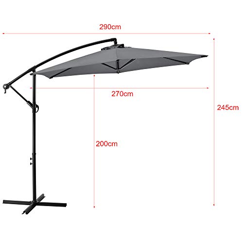 [casa.pro] Sombrilla Colgante Parasol excéntrico para Balcón Terraza Jardín Diámetro Pantalla 270 cm Protector Ajustable Mástil de Acero con Manivela Gris