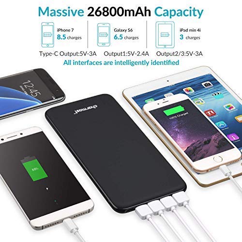 Charmast® 26800mAh Powerbank Batería Externa Delgado con 3 Entradas&4 Salidas USB/Tipo C para Nintendo Switch Nexus iPad iPhone Samsung Huawei BQ LG Android Teléfono Móvil (Negro)