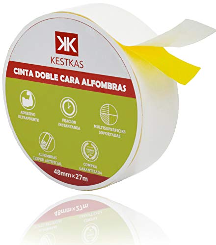 Cinta Doble Cara Fijación Ultra fuerte KESTKAS 48mm x 27m Fijación permanente en Moquetas - Alfombras - Césped Artificial - Cristal - Madera Barnizada - Plástico Liso - Poliestireno