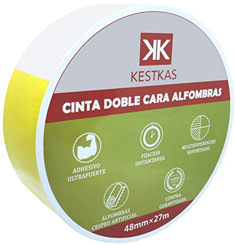 Cinta Doble Cara Fijación Ultra fuerte KESTKAS 48mm x 27m Fijación permanente en Moquetas - Alfombras - Césped Artificial - Cristal - Madera Barnizada - Plástico Liso - Poliestireno