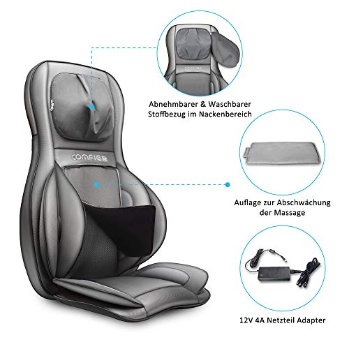 Comfier Shiatsu Masajeador de Cuello, Hombros y Espalda: Cojín de Masajeador Eléctrico con Amasamiento de 2D / 3D, Función Calor y Compresión de Aire, Respaldo de Masaje para Silla, Sillón y Asiento