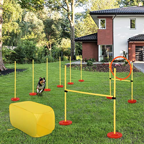 Conjunto 4 Obstáculos de Entrenamiento para Perro Set de Agilidad para Mascotas Estable Altura Ajustable de Aro con Túnel Postes y Bolsa Transporte Amarillo