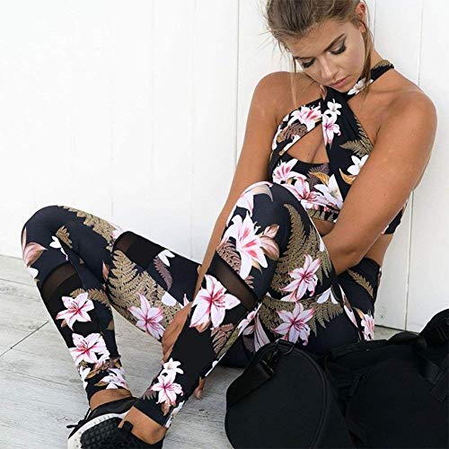 Conjuntos Deportivos Mujer Fitness Bohemio Chic Ropa de Gimnasio Chandal Dos Piezas Estampada Flores Verano Sujetador Crop Top y Pantalon Leggings Push Up Yoga Set Sportwear para Gym Running Pilates