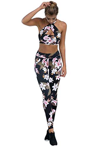 Conjuntos Deportivos Mujer Fitness Bohemio Chic Ropa de Gimnasio Chandal Dos Piezas Estampada Flores Verano Sujetador Crop Top y Pantalon Leggings Push Up Yoga Set Sportwear para Gym Running Pilates