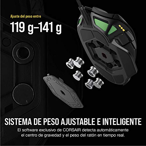 Corsair Nightsword RGB - Ratón óptico para juegos FPS/MOBA (18.000 PPP Sensor Óptico, Sistema de Peso Ajustable, 8 Botones Programables, Retroiluminación LED RGB) negro