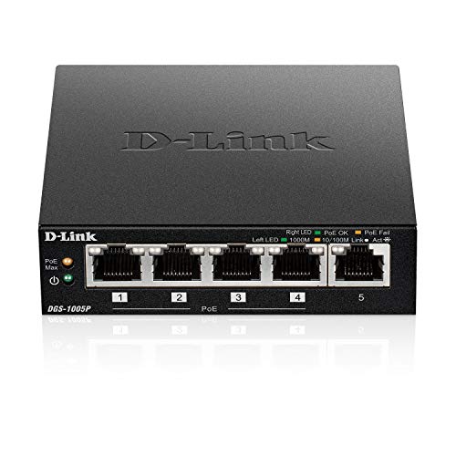 D-Link DGS-1005P - Switch PoE+ con 5 Puertos Gigabit 10/100/1000 Mbps (4 Puertos PoE 802.3af/802.3at de hasta 30 W por Puerto y hasta un Total de 60 W, Carcasa metálica, Full Duplex)