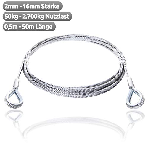 Drahtseile24 - Cuerda de alambre con guardacabos, cable de acero con guardacabos - cuerda de tope, cable de acero con ojales, galvanizado, Ø 16mm / 2.700kg Nutzlast | 8m, plata, 1